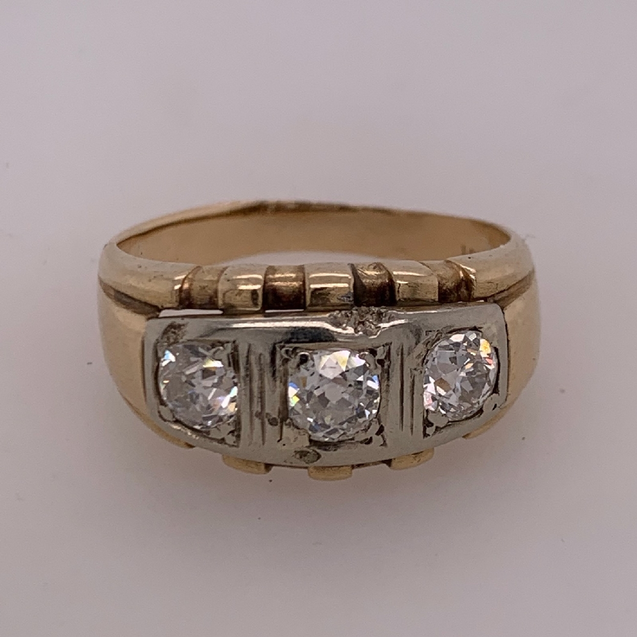 14k Two Tone Gold Antique Diamond Ring with 3 Old Mine Cut Diamonds 1.15 CTTW H / SI1-SI2 Size 11.25 
Comes With Appraisal