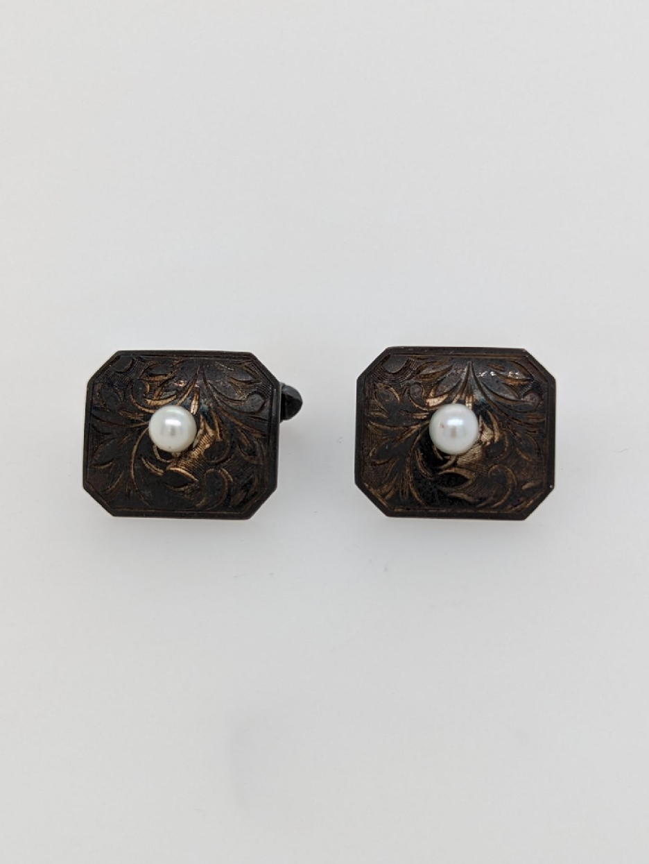 Vintage 950 Silver Etched Cufflinks with Pearl Accent