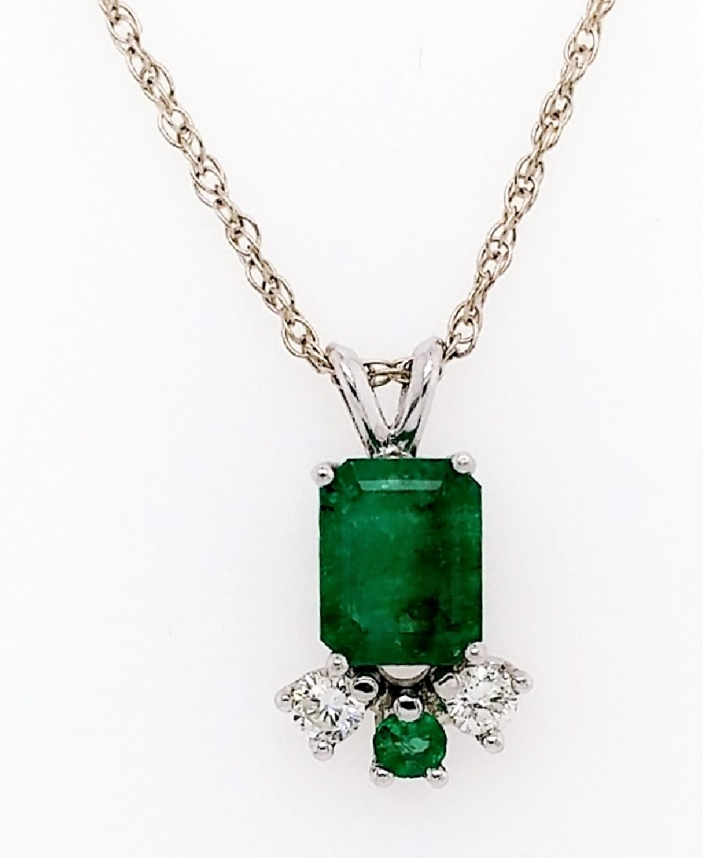 14k white gold 18   cable chain with 1.18CT emerald and 0.20CTW round diamond pendant.