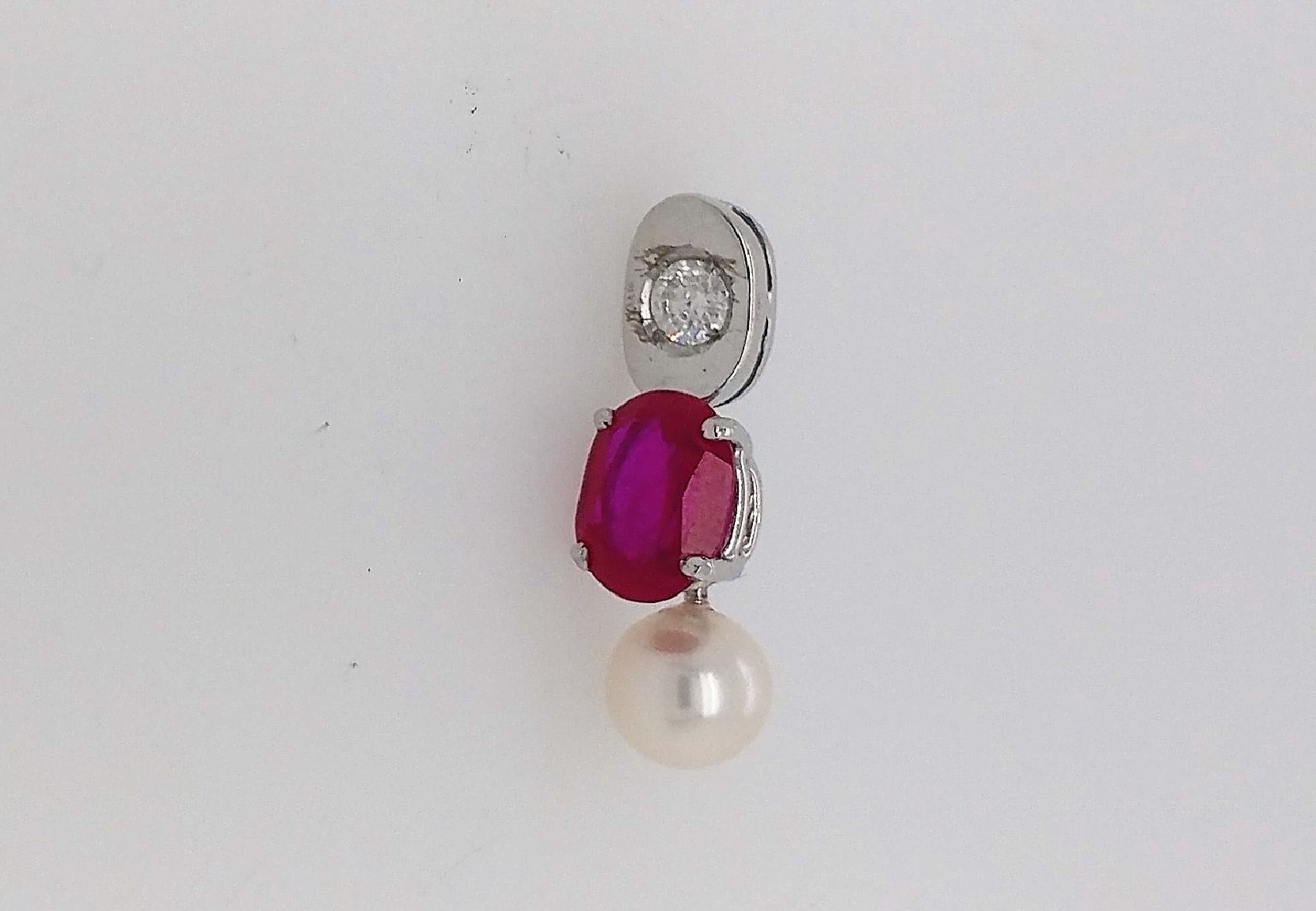 18k White Gold Ruby; Pearl; and Diamond Pendant