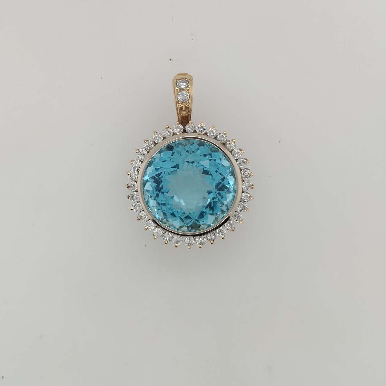 14K Yellow Gold Enhancer/Pendant with 20mm Round Aquamarine in a Circular Basket Setting with Diamond Halo
