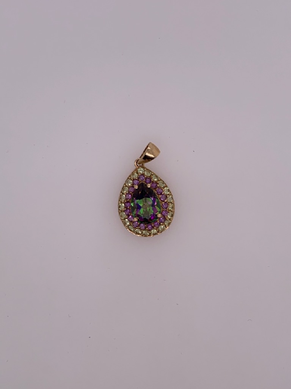 10k Yellow Gold Pear Shaped Mystic Topaz Pendant with Amethyst and Peridot Halo