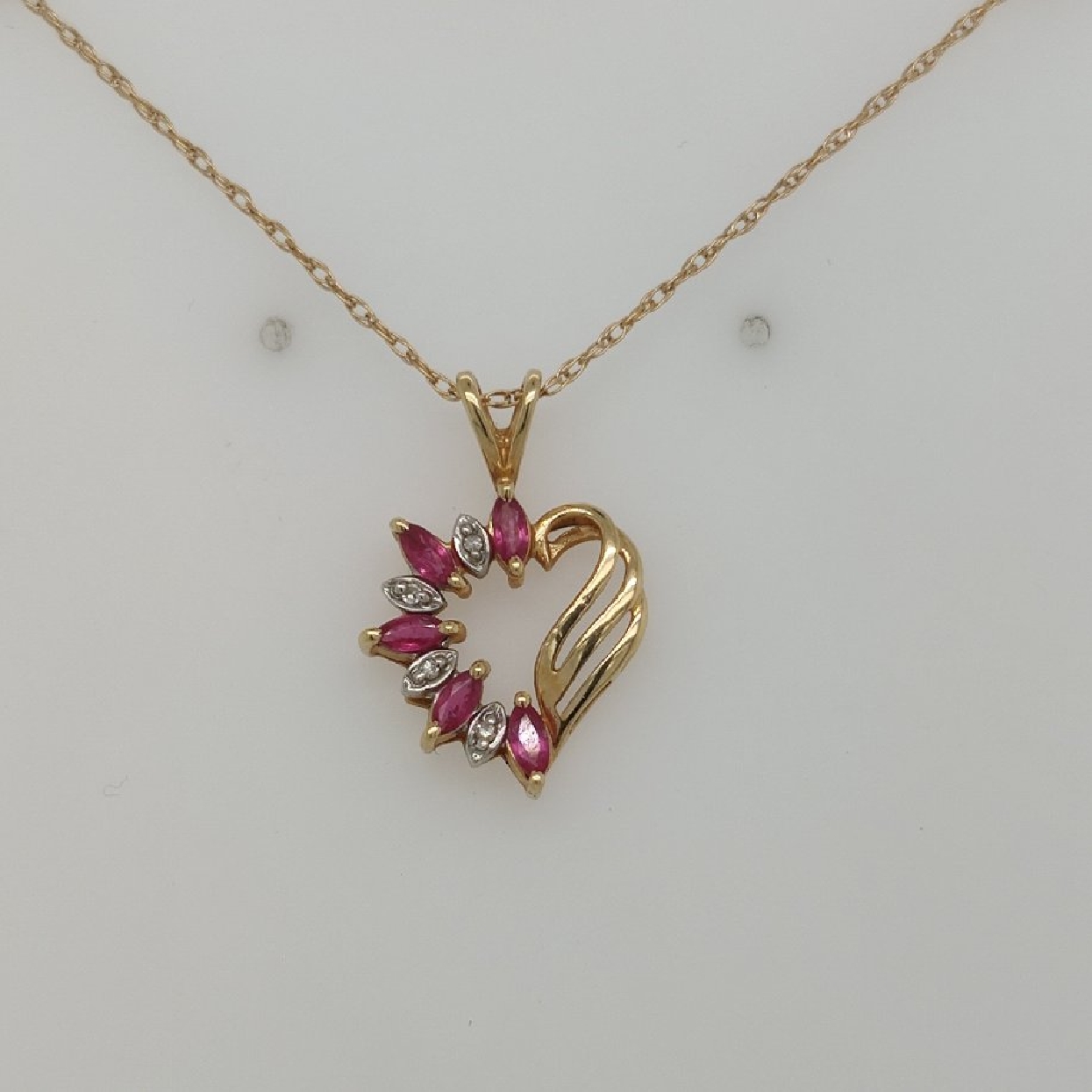 14K Yellow Gold Heart Pendant with Rubies and Diamonds on a 10K 20 inch Chain