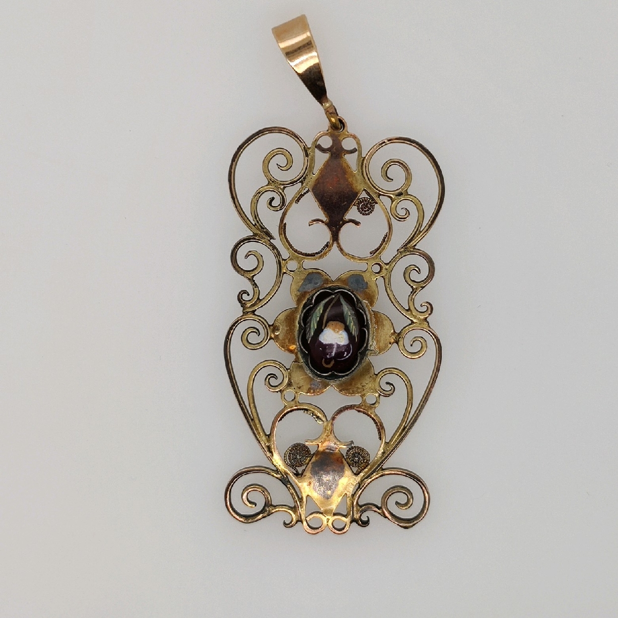 14K Yellow Gold Filigree Pendant with Glass Floral Center