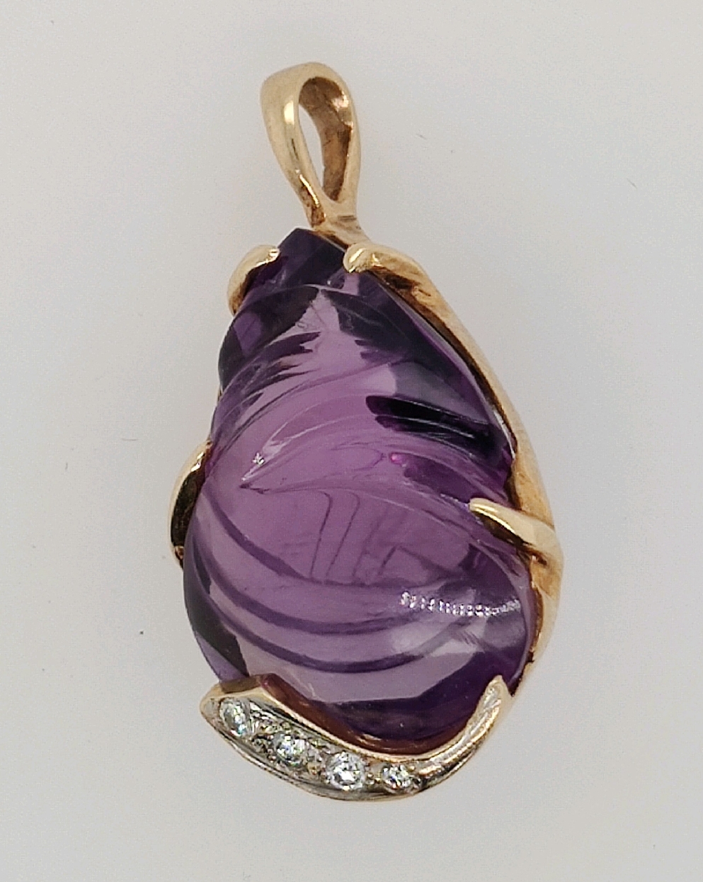 14K Yellow Gold Carved Pear Shaped Amethyst Pendant with Diamond Accents