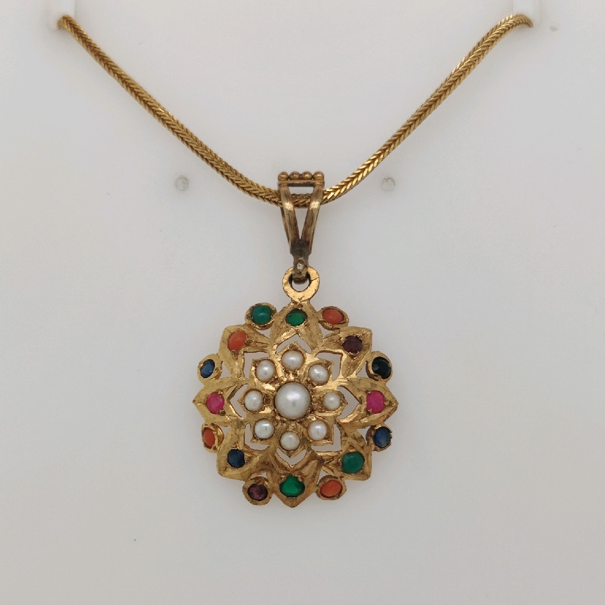 22K Yellow Gold Floral Pendant with Multicolored Gems and Pearls on a 16 inch Wheat Chain