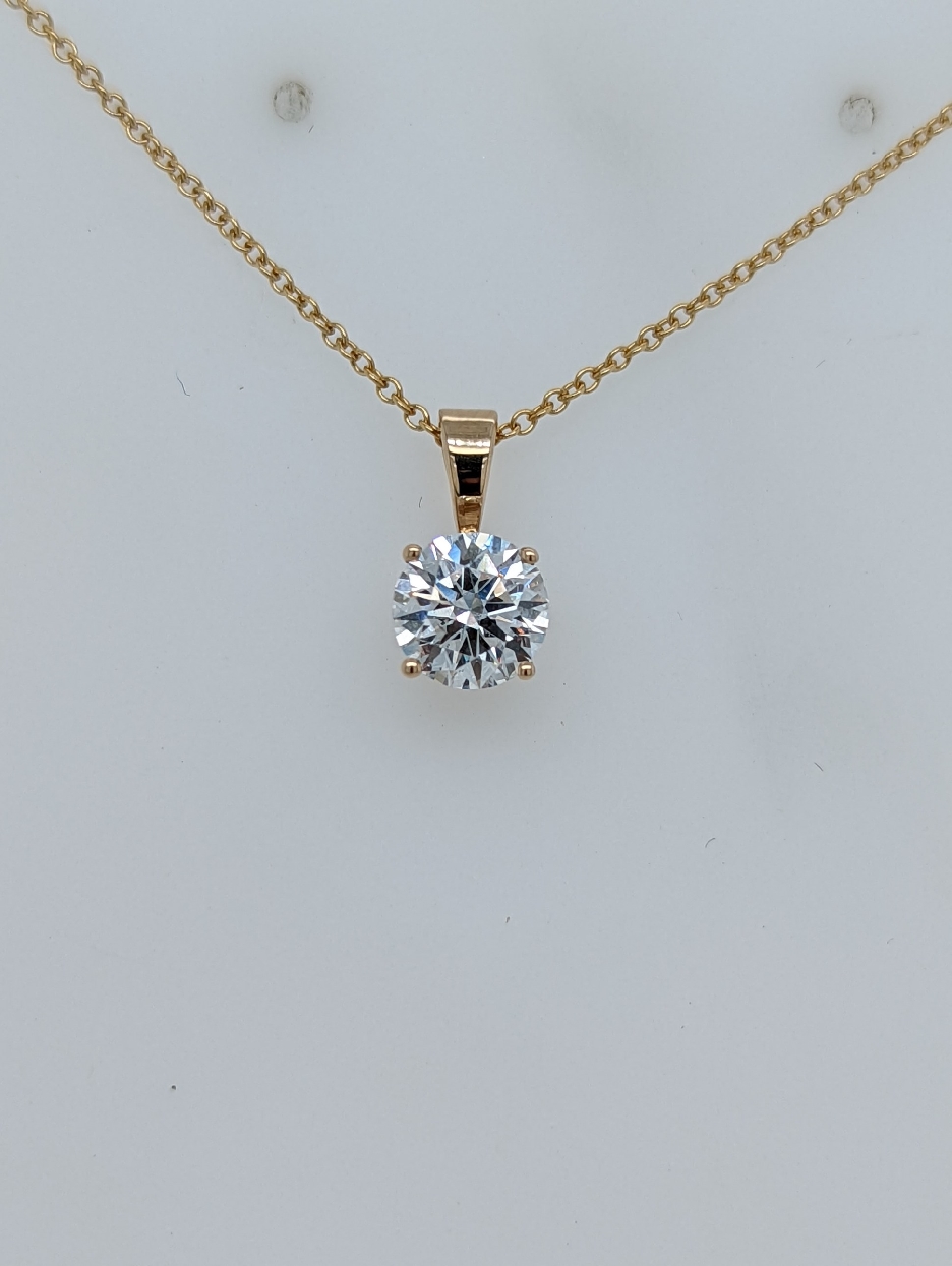 14K Yellow Gold Lab Grown Diamond Pendant on 18 inch Cable Chain
Diamond is 1.0CT; F-G Color; VS Clarity
Diamond Report on File