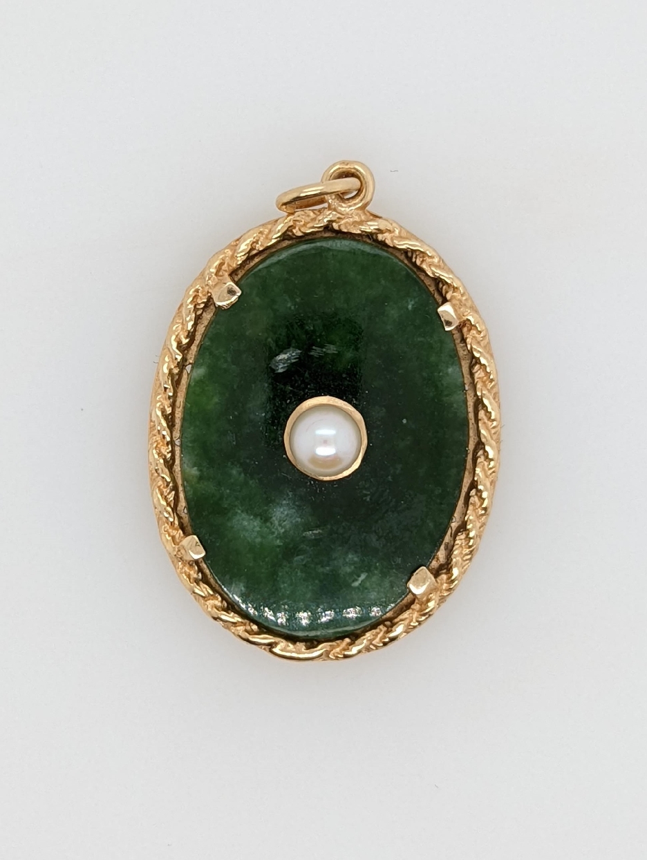 14K Yellow Fold and Jade Pendant with Rope Halo and Pearl Accent