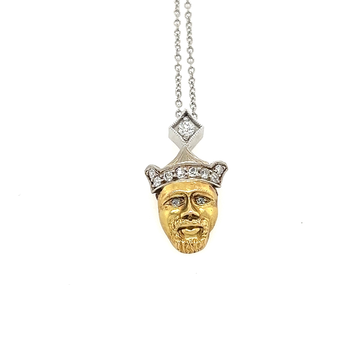 14K Yellow Gold Early 20th Century Kings Head Slide Pendant with Diamond Accents on a 16 inch Platinum Chain