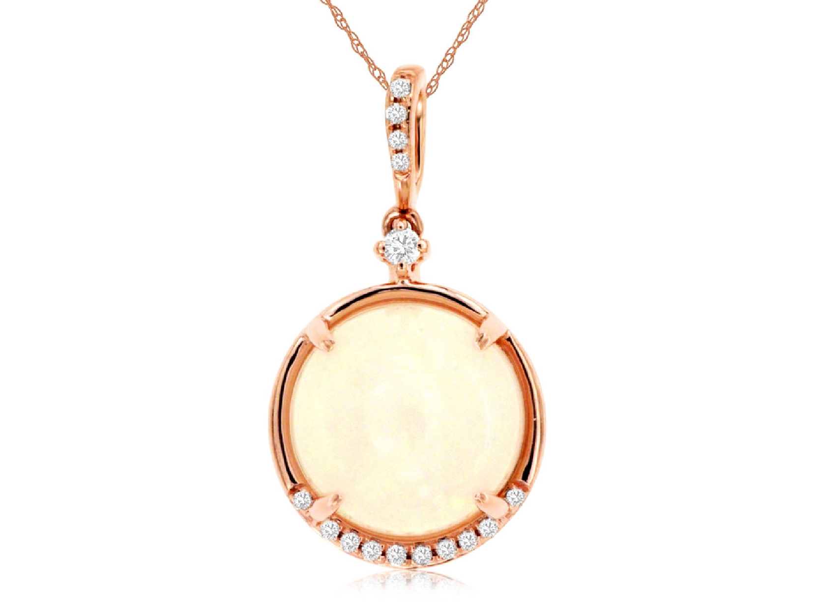 14K Rose Gold Round Ethiopian Opal Necklace with Diamond Bail; 18 inches
3.2CT Opal
0.06CTTW Diamonds