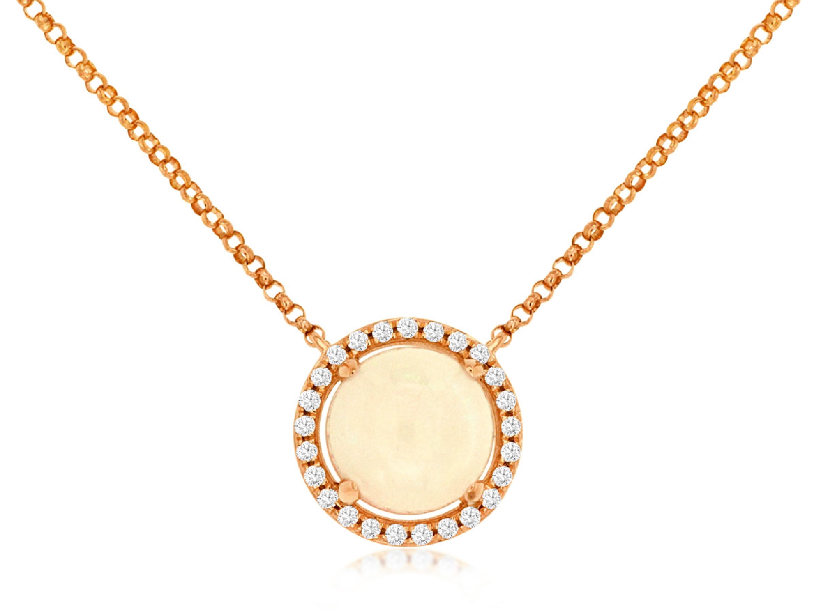 14K Rose Gold Round Ethiopian Opal Stationary Pendant with Diamond Halo on an 18 inch Chain
1.20CT Opal
0.14CTTW Diamonds