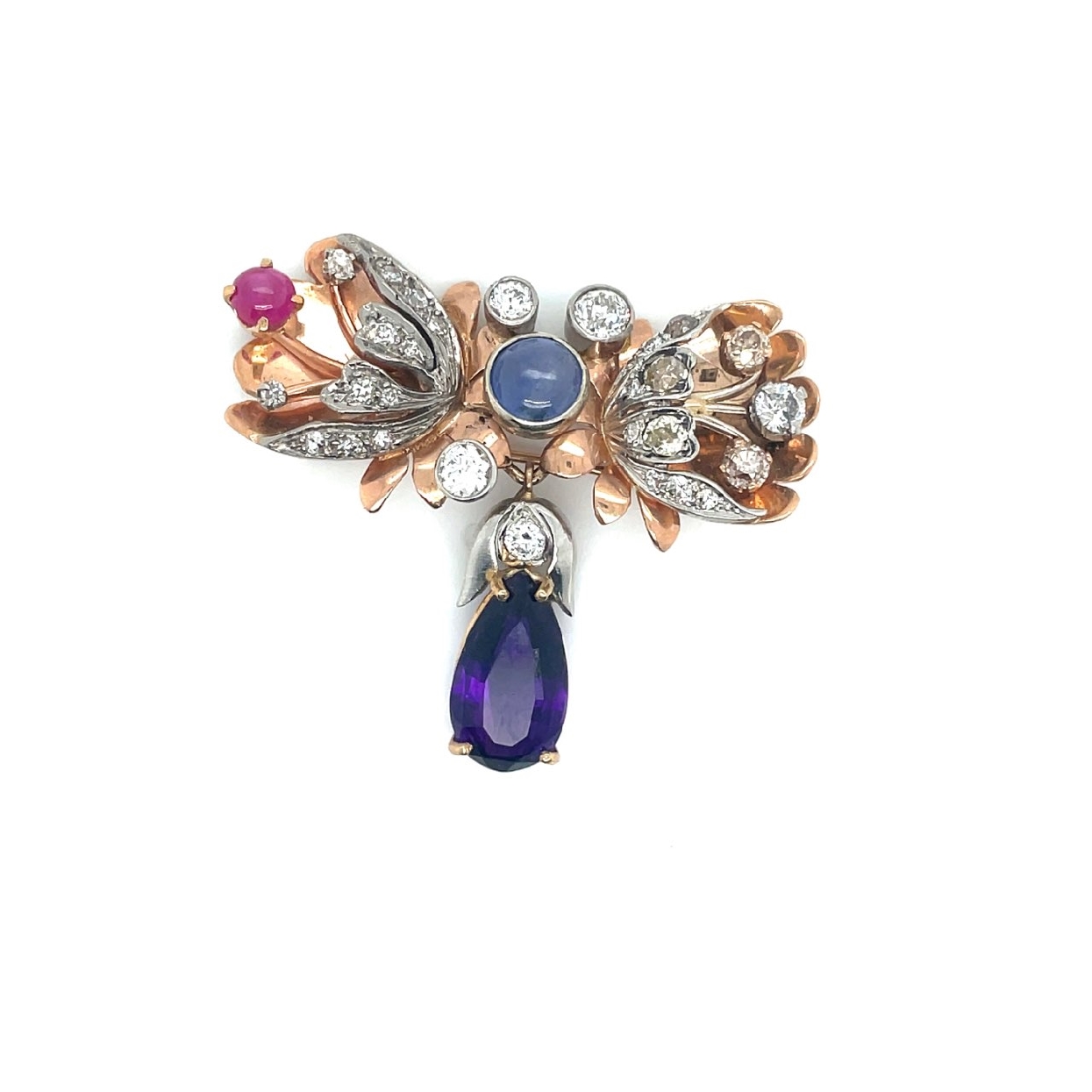 1940s Gold Broach with Diamonds; Pink and Blue Sapphire; and Amethyst 