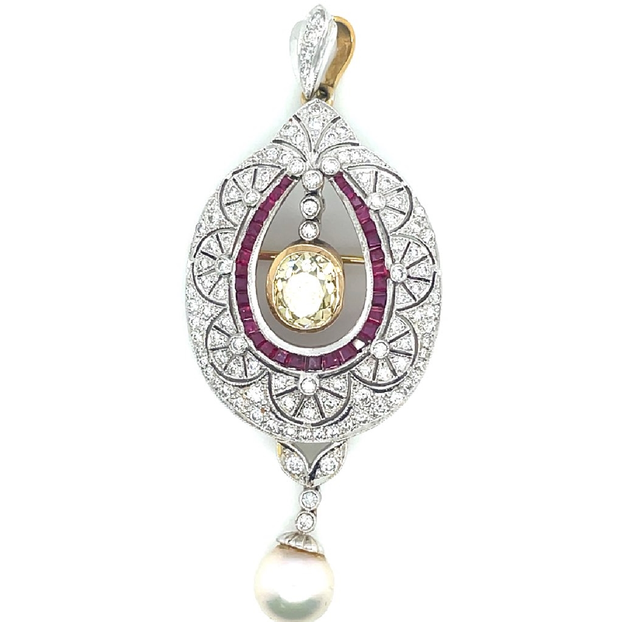 18K Yellow Gold and White Gold Pendant/Pin with Diamond and Pearl Detail 1.75 Carat