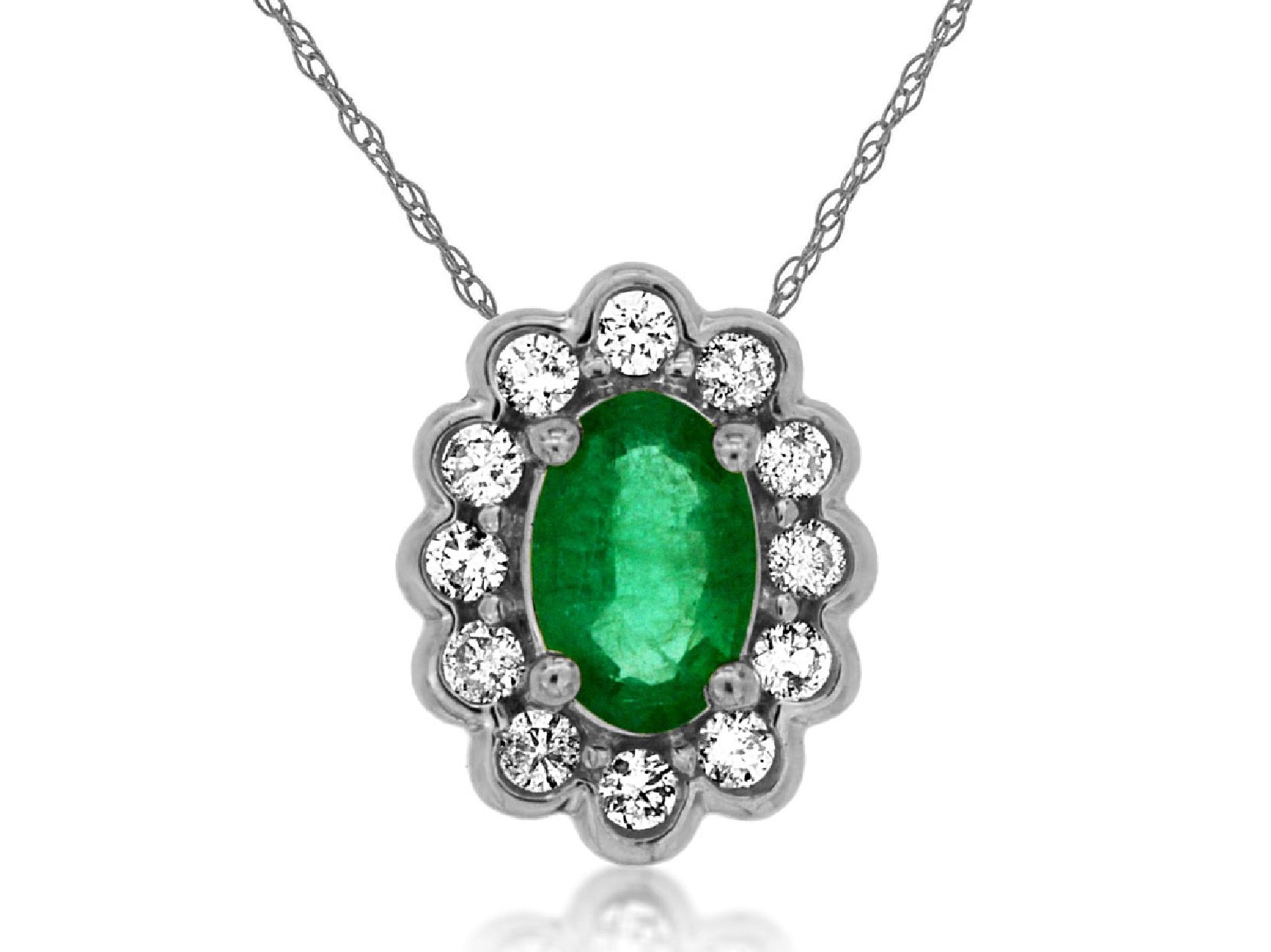 14K White Gold Emerald and Diamond Halo Necklace
.45ct Emerald
.16ct Diamonds
18 Inches