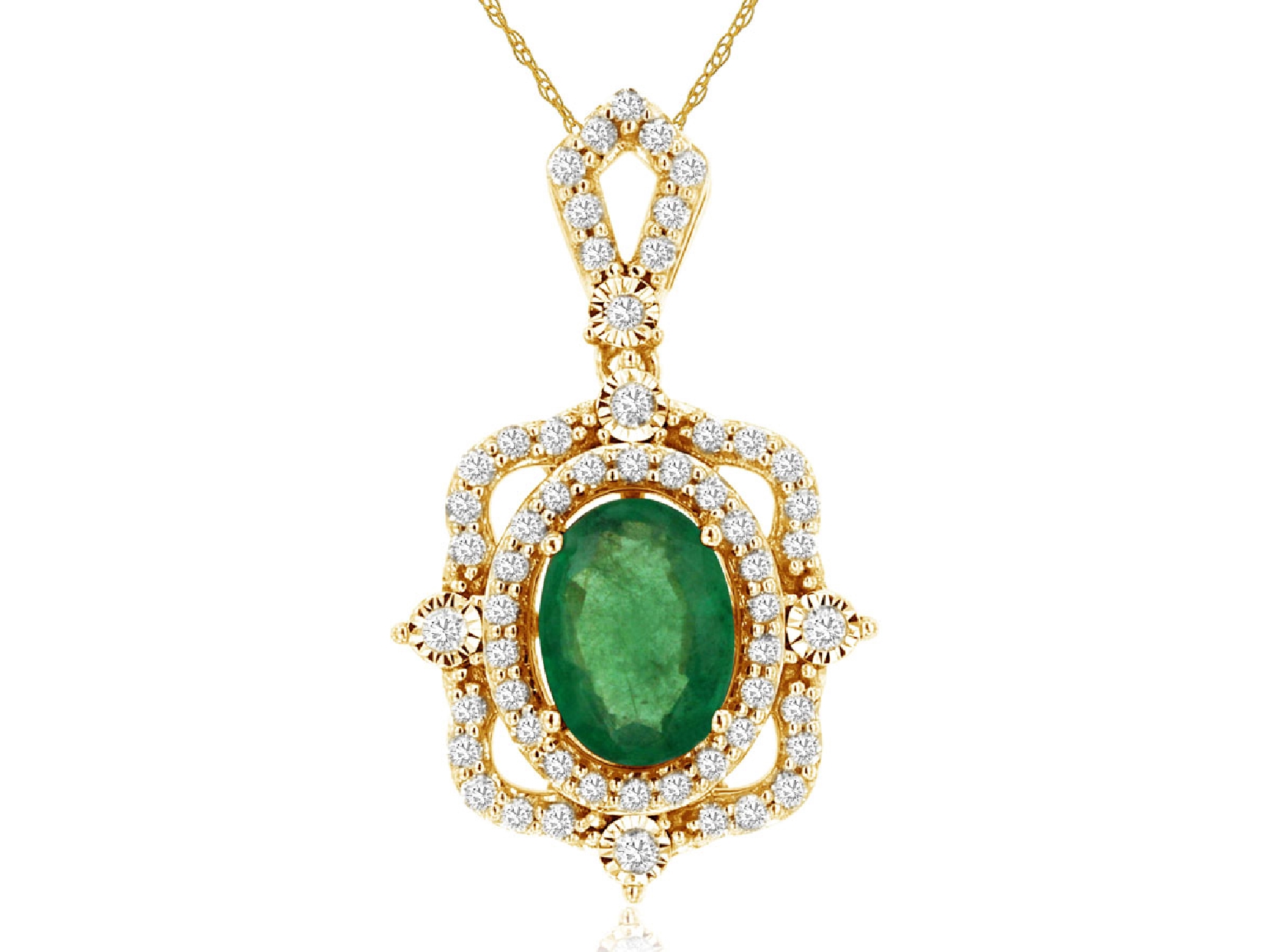 14K Yellow Gold Emerald Necklace with Intricate Diamond Halo

.70ct Emerald 
.25ct Diamond
17 Inches
