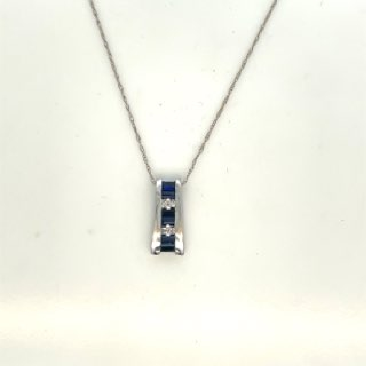 10K White Gold Sapphire and Diamond Pendant on a 10 Inch Chain 