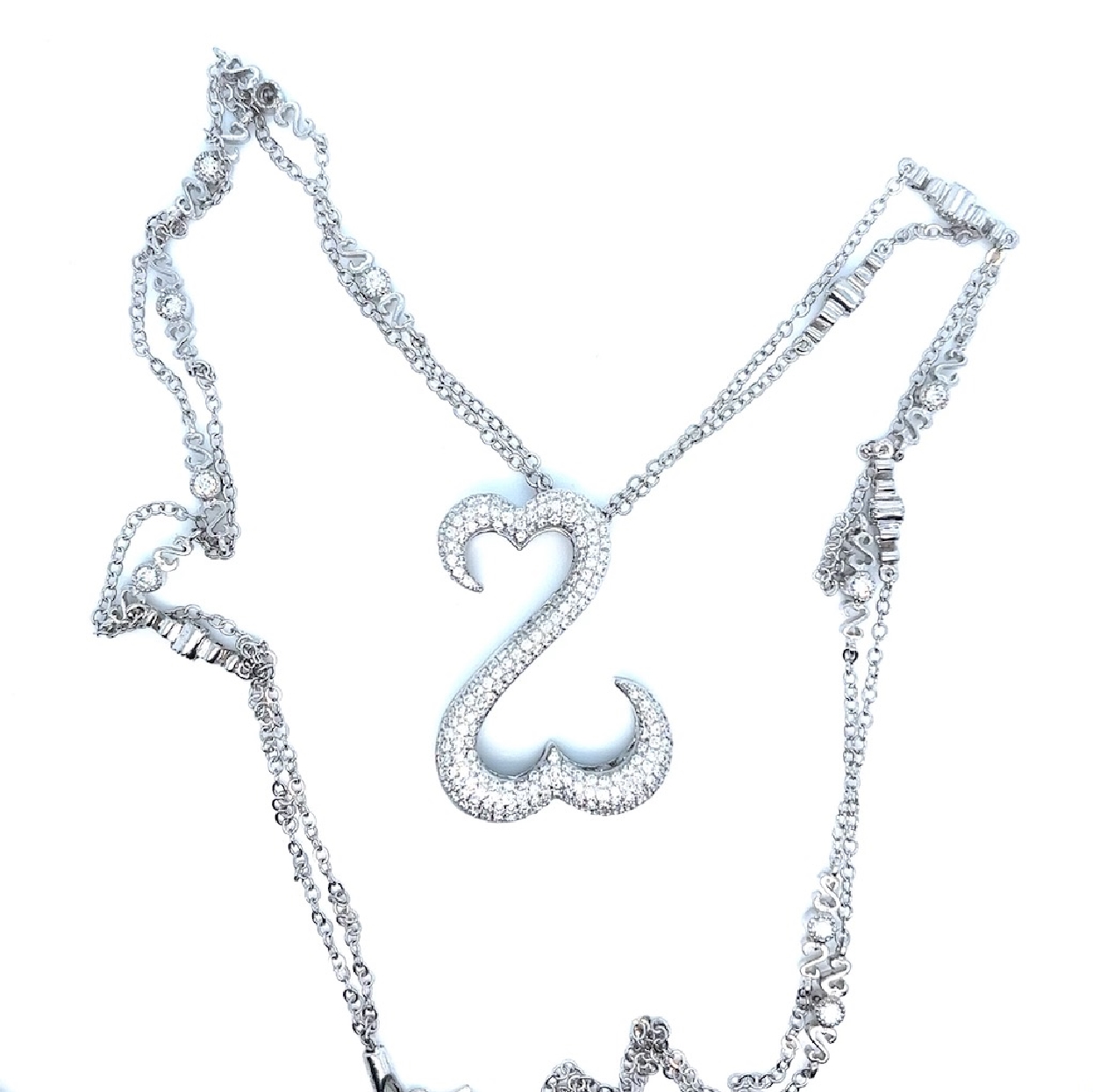 Jane Seymour Platinum Open Heart Diamond Pendant with Stationed Diamond Chain 1 3/4CT TDW 17 Inches 

With Original Box