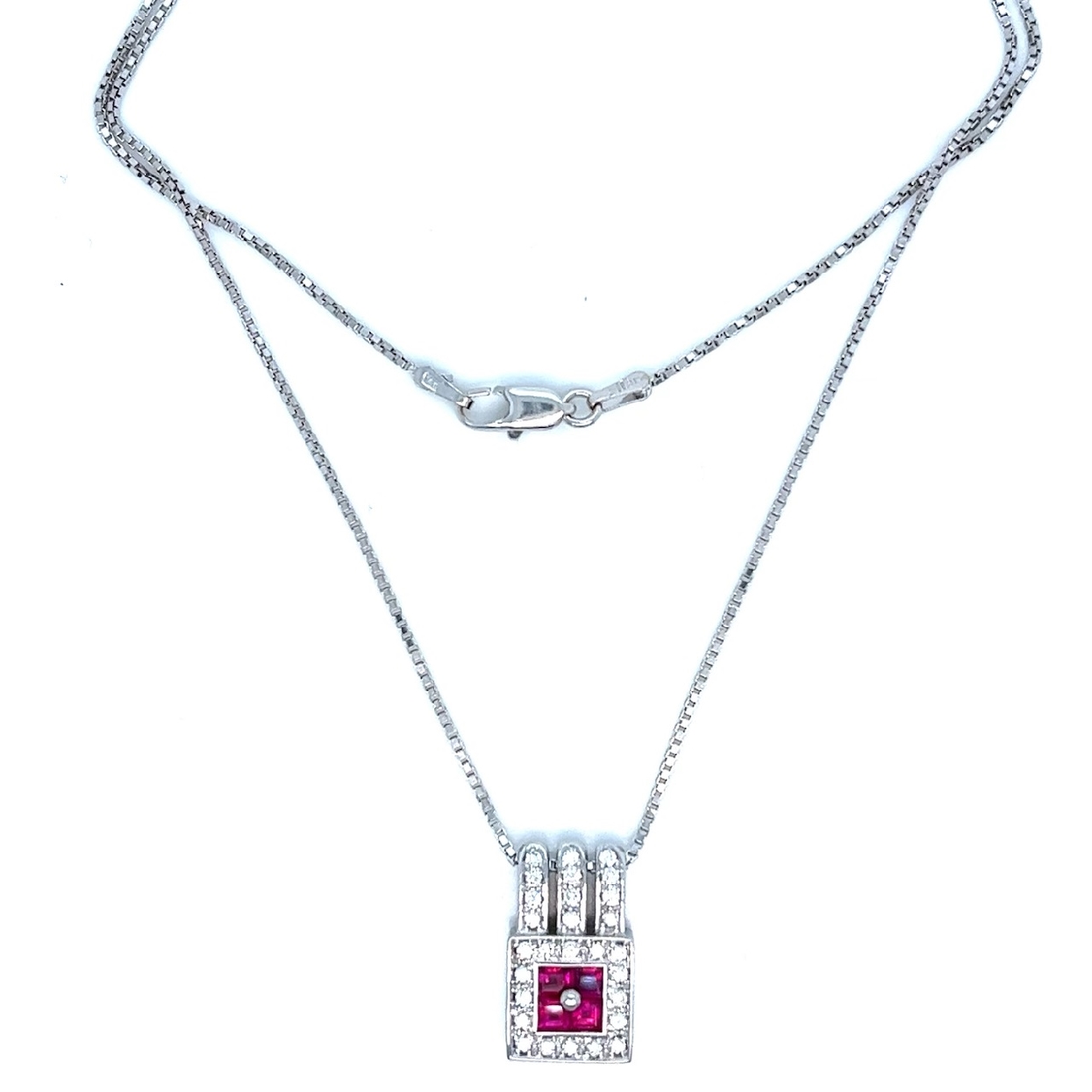 14K White Gold Square Cut Ruby and Diamond Necklace 18 Inches 