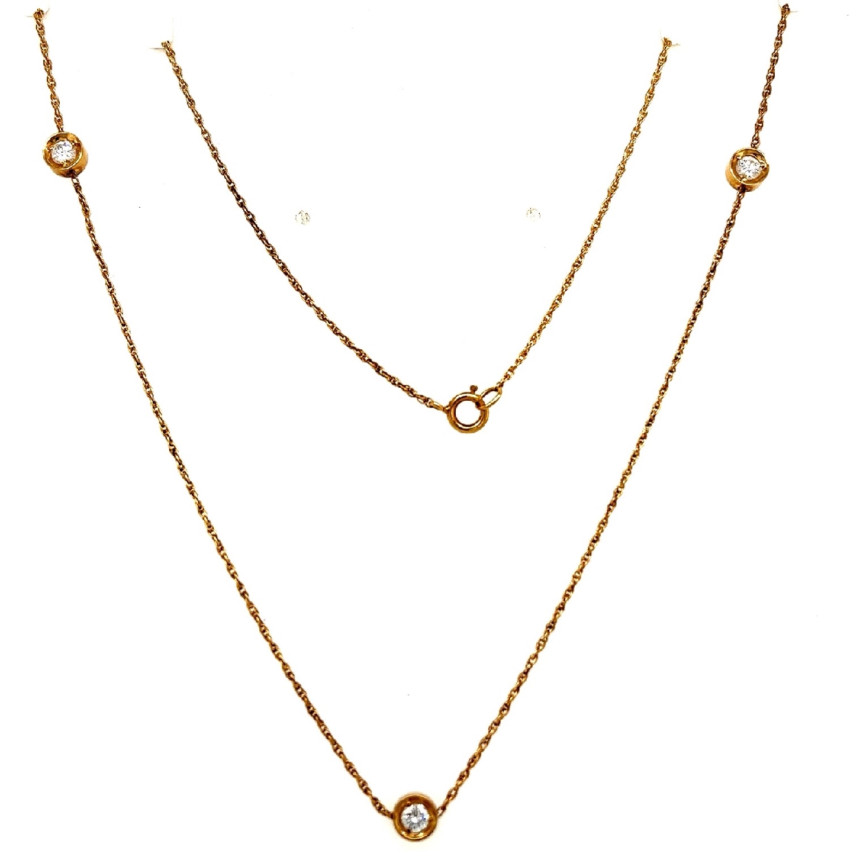14K Yellow Gold Diamond Station Necklace on Wheat Chain 
.30 cttw 
18 Inches