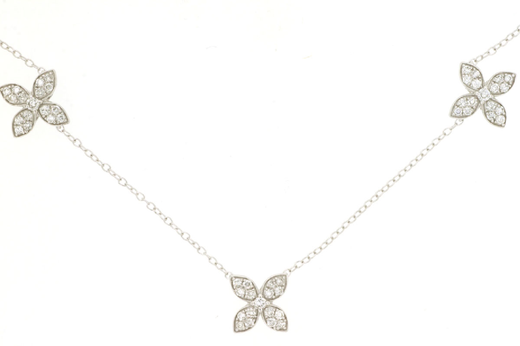 14K White Gold Floral Diamond Station Necklace 18 Inches .80CT