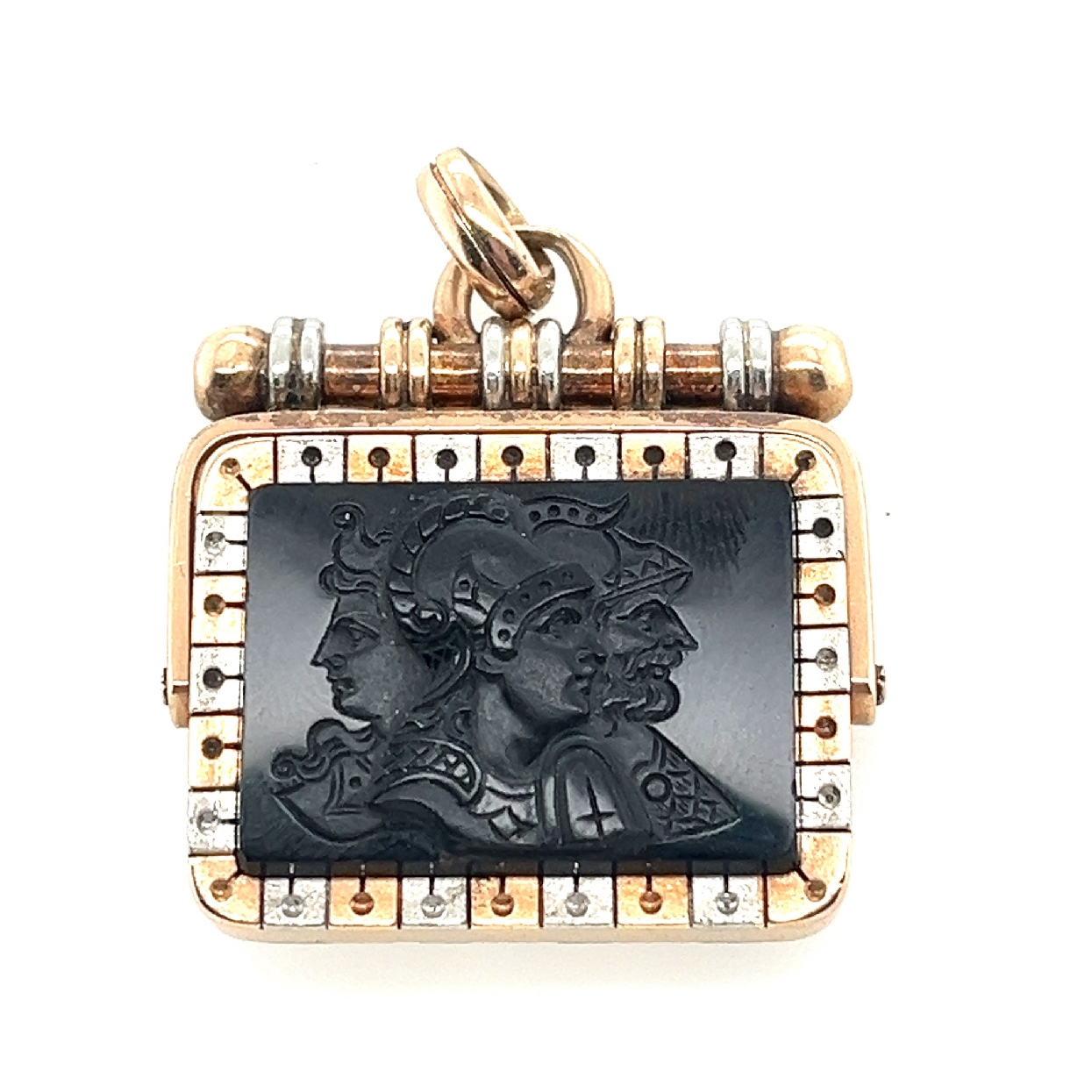 14K Two Tone Gold Watch Fob with Onyx Cameo of Two Spartans and a Woman 