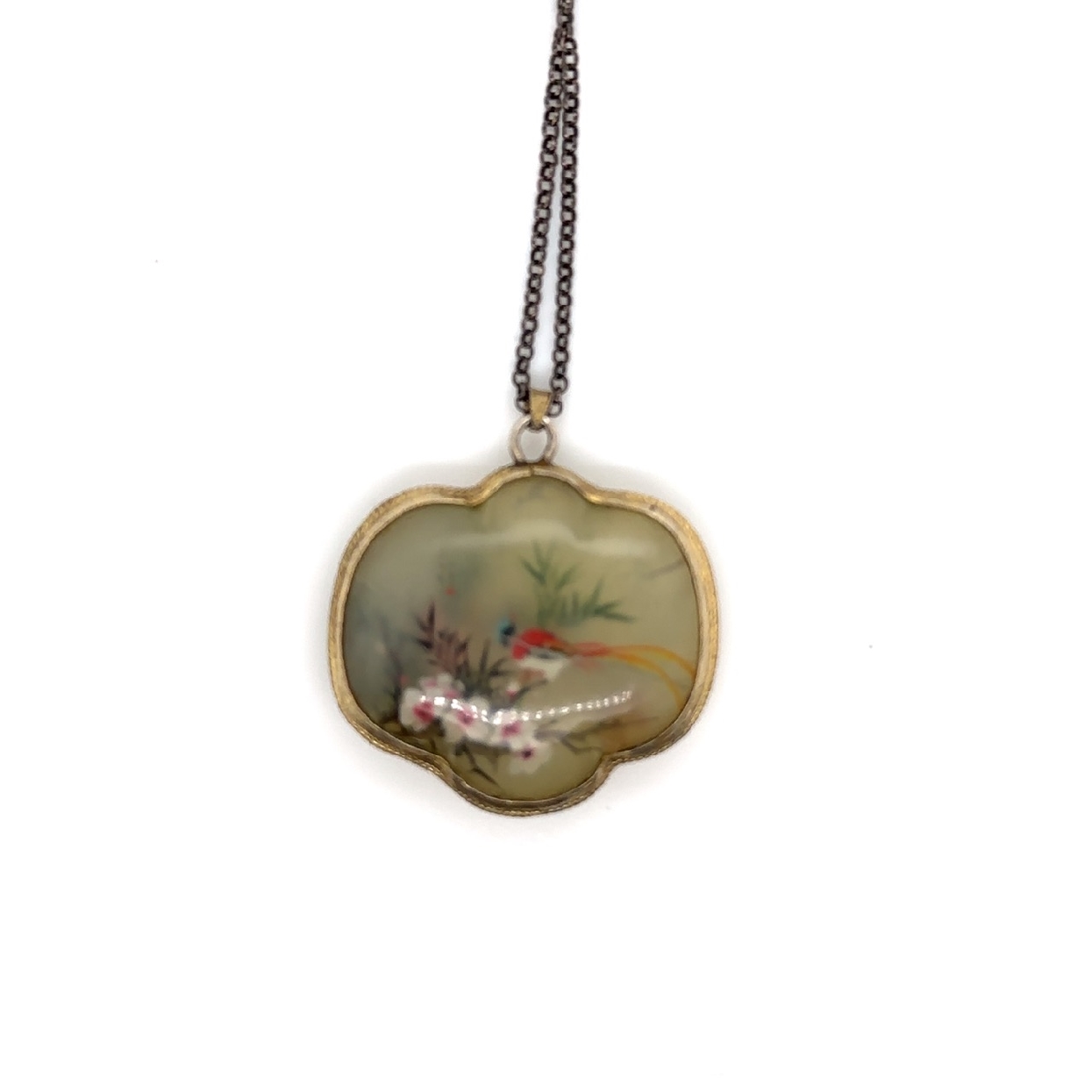 Antique Silver and Glass Pendant with Painted Birds and Flowers