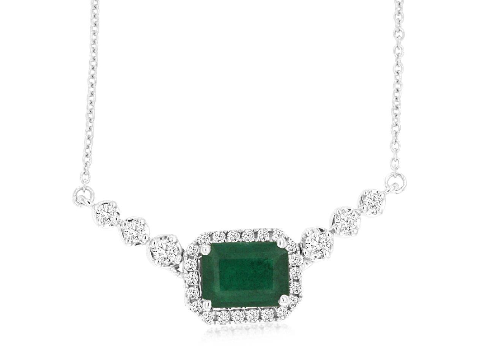 14K White Gold Emerald Necklace with Diamond Halo and Accent Diamonds 18 Inches
.025CT Diamond
1CT Emerald