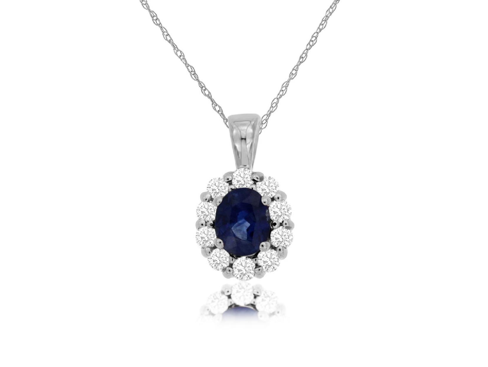 14K White Gold Small Sapphire Pendant with Diamond Halo 18 Inches 
.20CT Diamond
.44CT Sapphire
