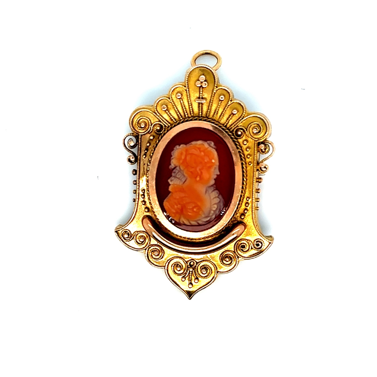 Antique Victorian 14K Yellow and Rose Gold Carnelian Sardonyx Cameo Pin/Pendant with Hinged Bail