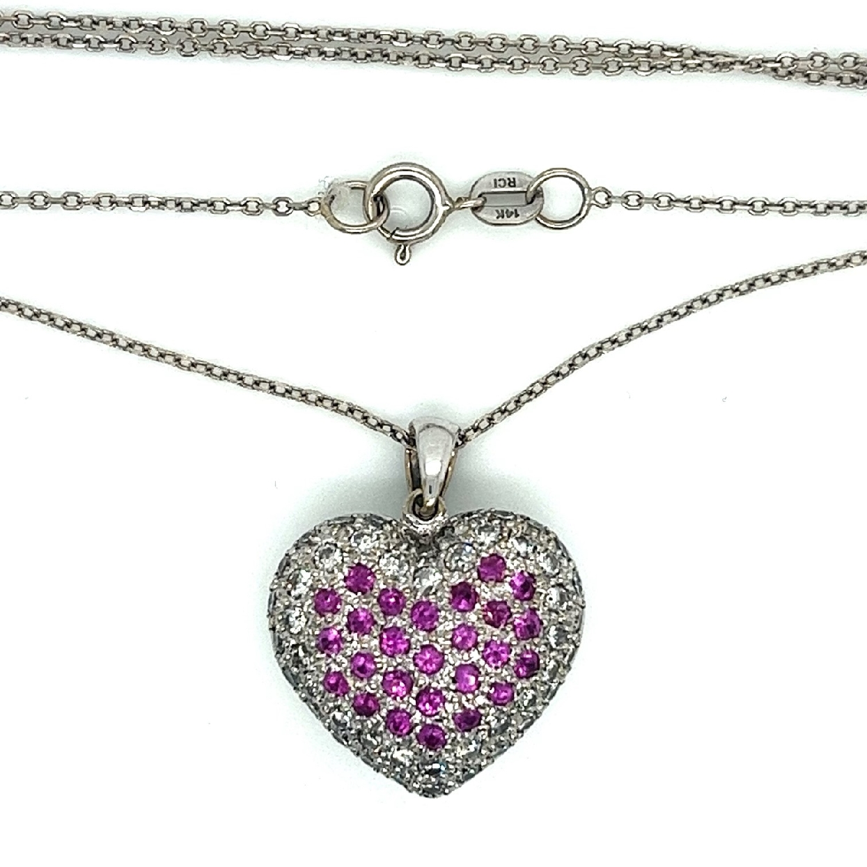 18K White Gold Heart with Diamonds and Rubies on a 14K White Gold Chain 18 Inches 