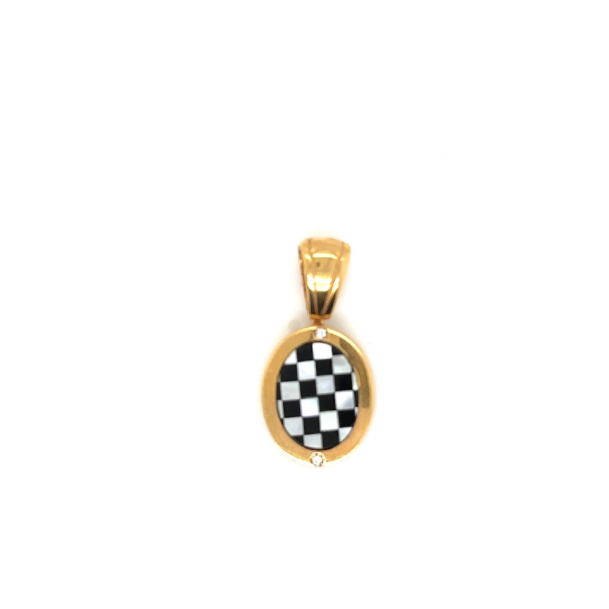 14K Yellow Gold Onyx and Mother of Pearl Checker Board Pendant 
