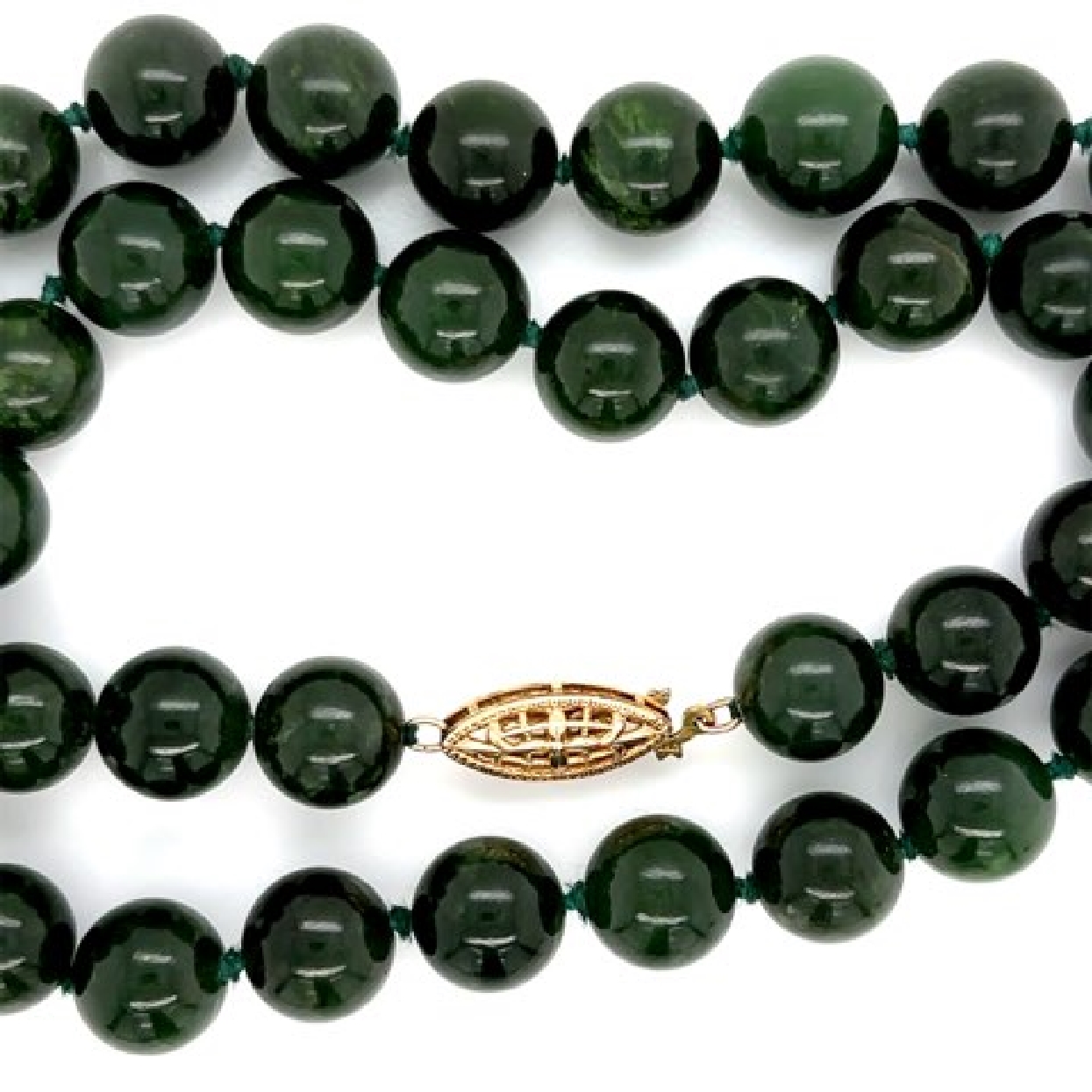 Nephrite Jade Beaded Necklace with 14K Yellow Gold Clasp

19 Inches