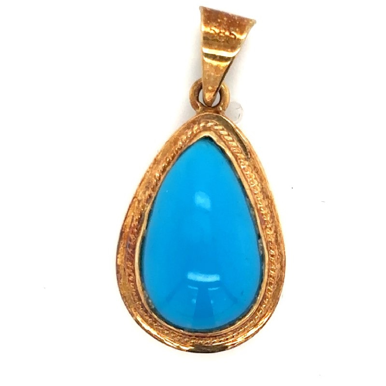 14K yellow gold Turquoise tear drop bezel set pendant with rope detail.