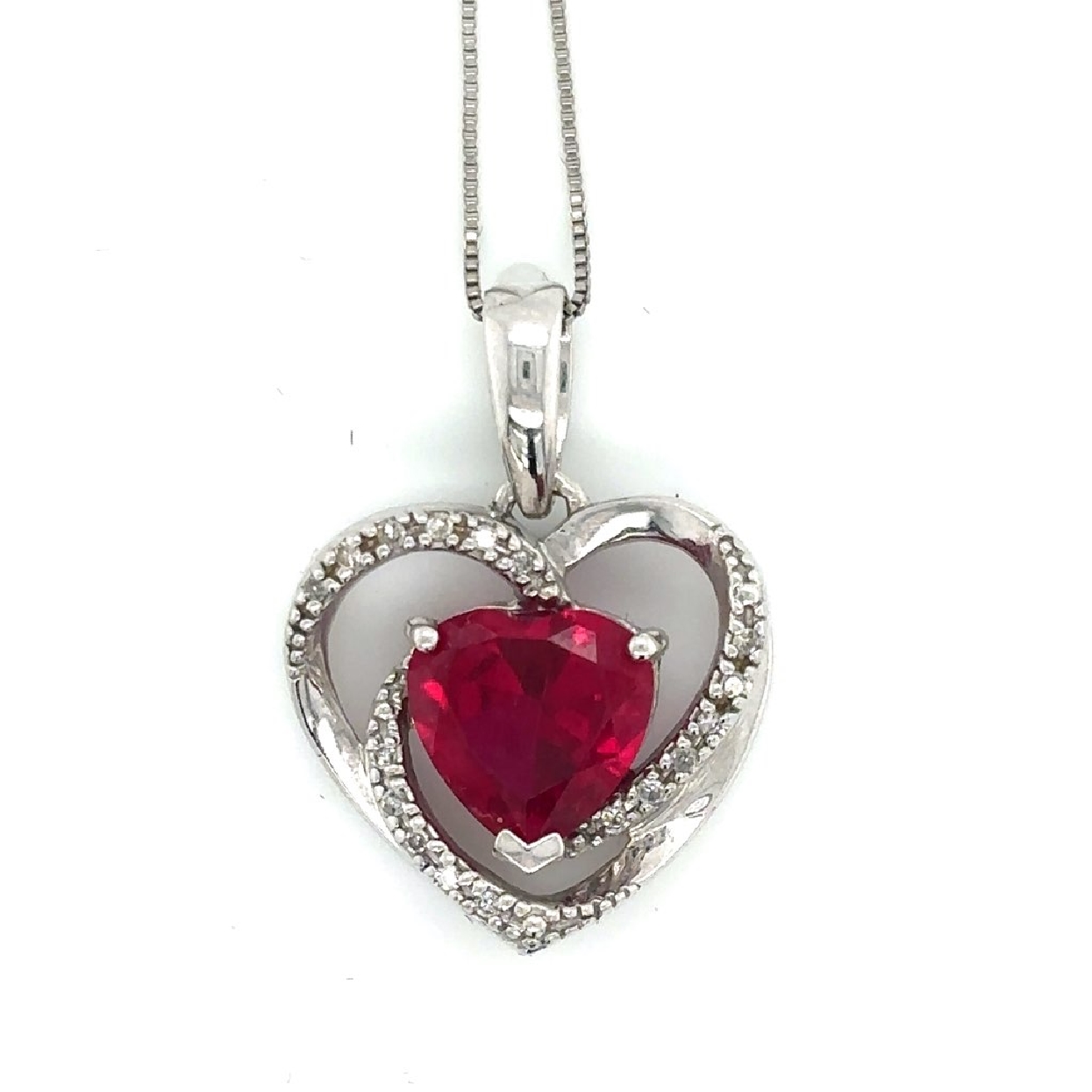 14K white gold double simulated ruby heart with diamond accent.18 inch.