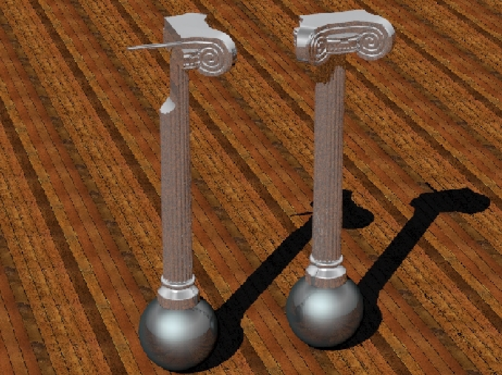 Model for potential drop pearl earrings inspired by Greek columns.