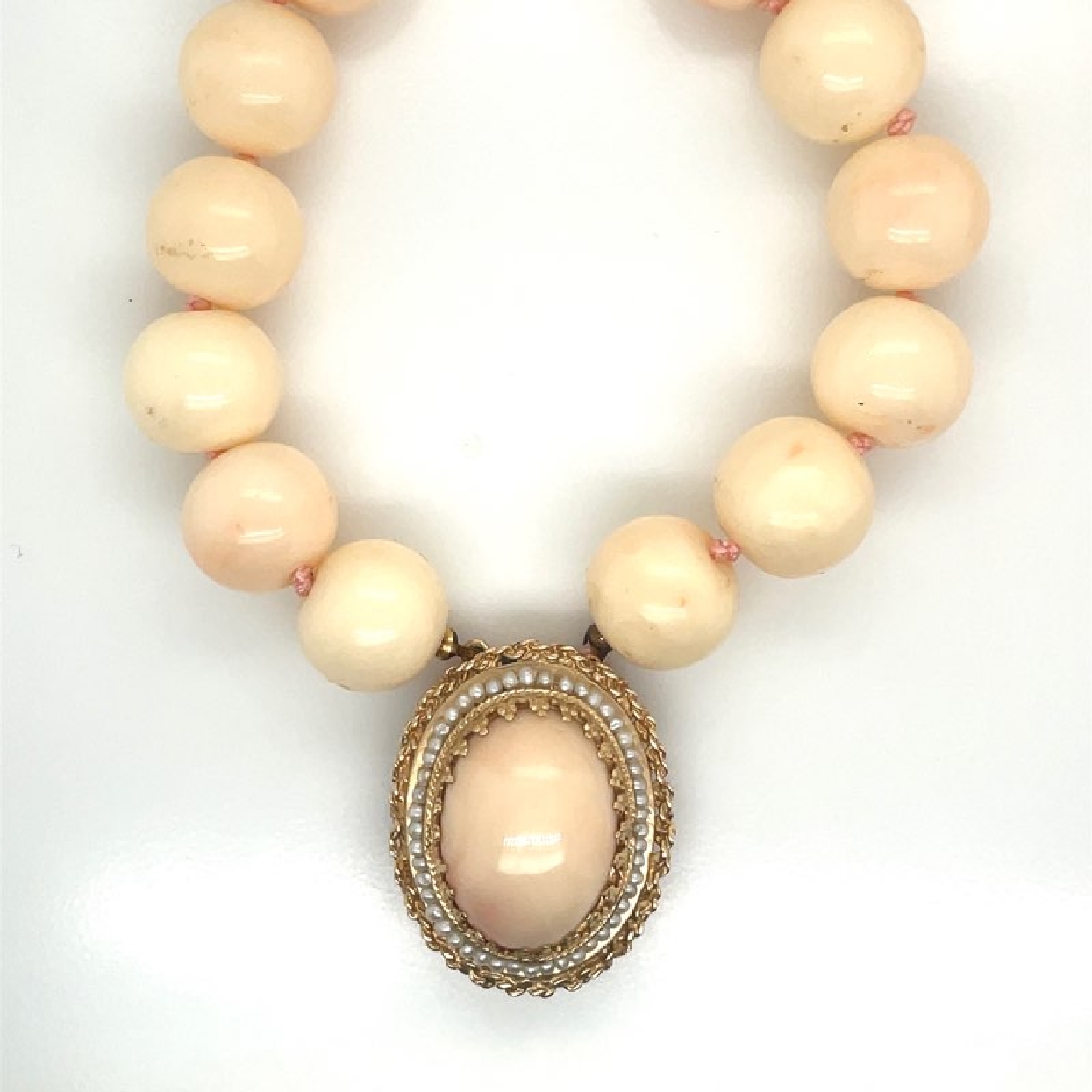 14K Yellow Gold Clasp with Seed Pearls and Coral Bead Necklace