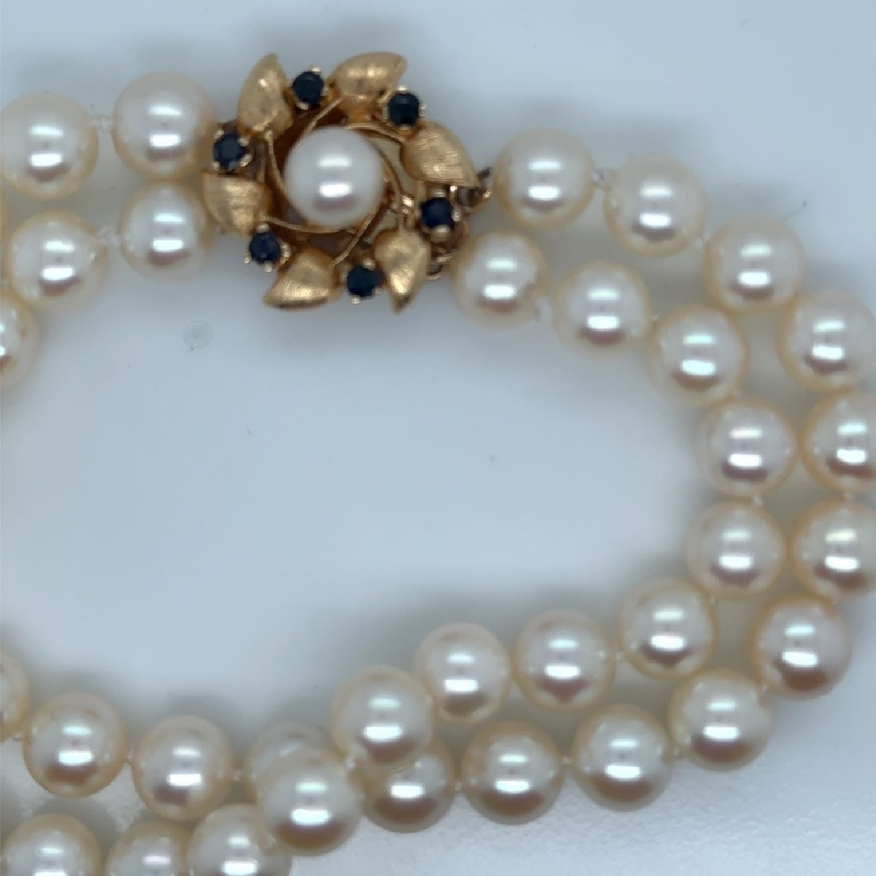 7 Inch Double Strand Acoya Pearl Bracelet with 14K Yellow Gold and Sapphire Clasp