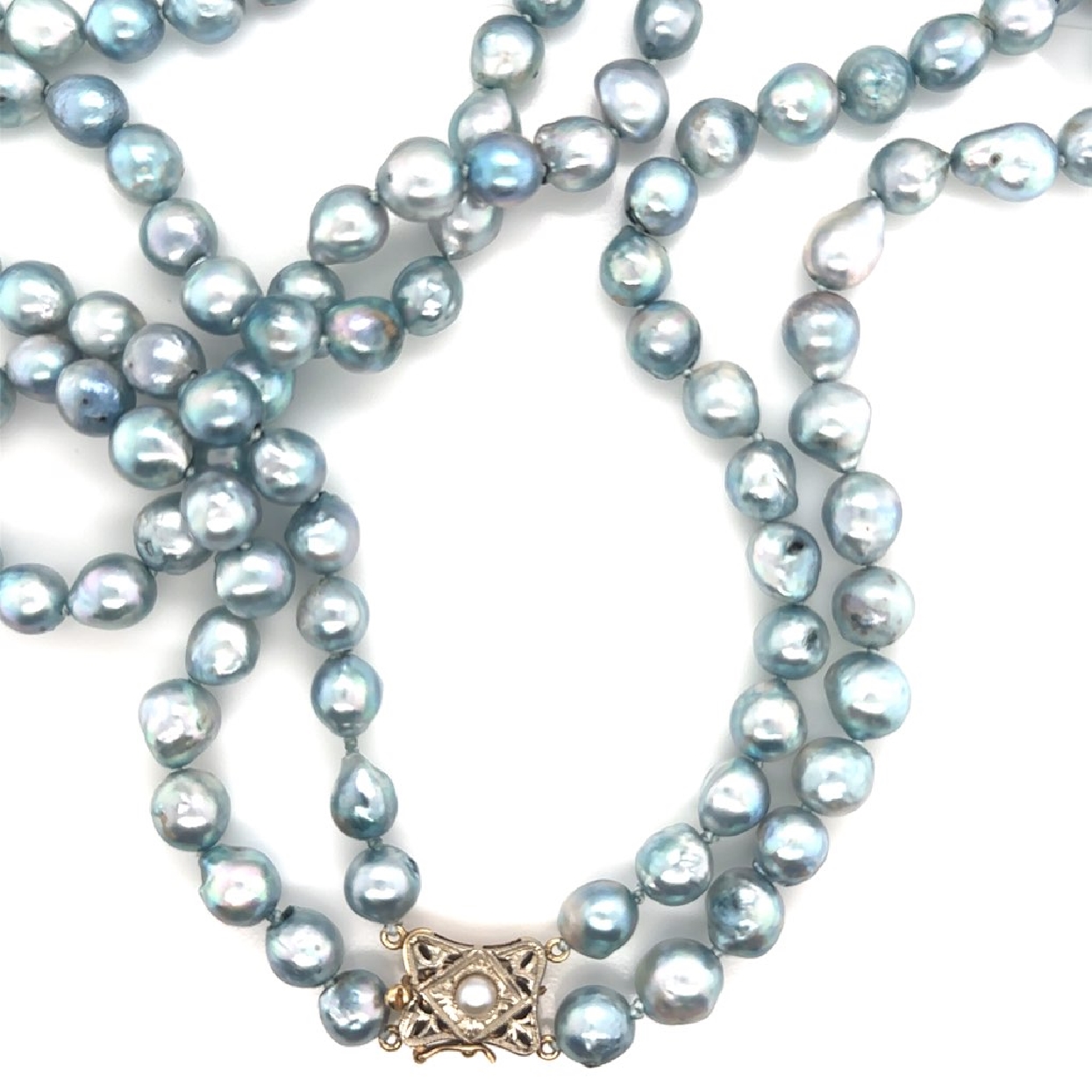 Natural Blue Pearls with Antique 14K Yellow and White Gold Clasp with Seed Pearl Detail 23 Inches