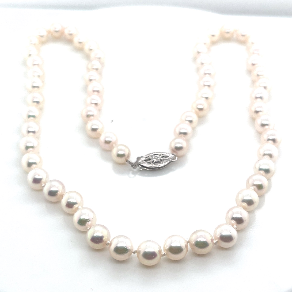 White Akoya Pearls with Slight Pink Luster with 14K White Gold Clasp 18 Inches 6-6.5mm