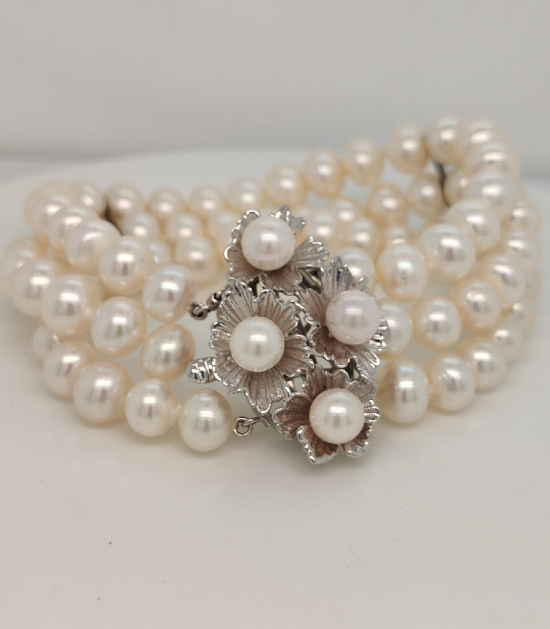 Triple Strand Pearl Bracelet with 14K White Gold Clasp
