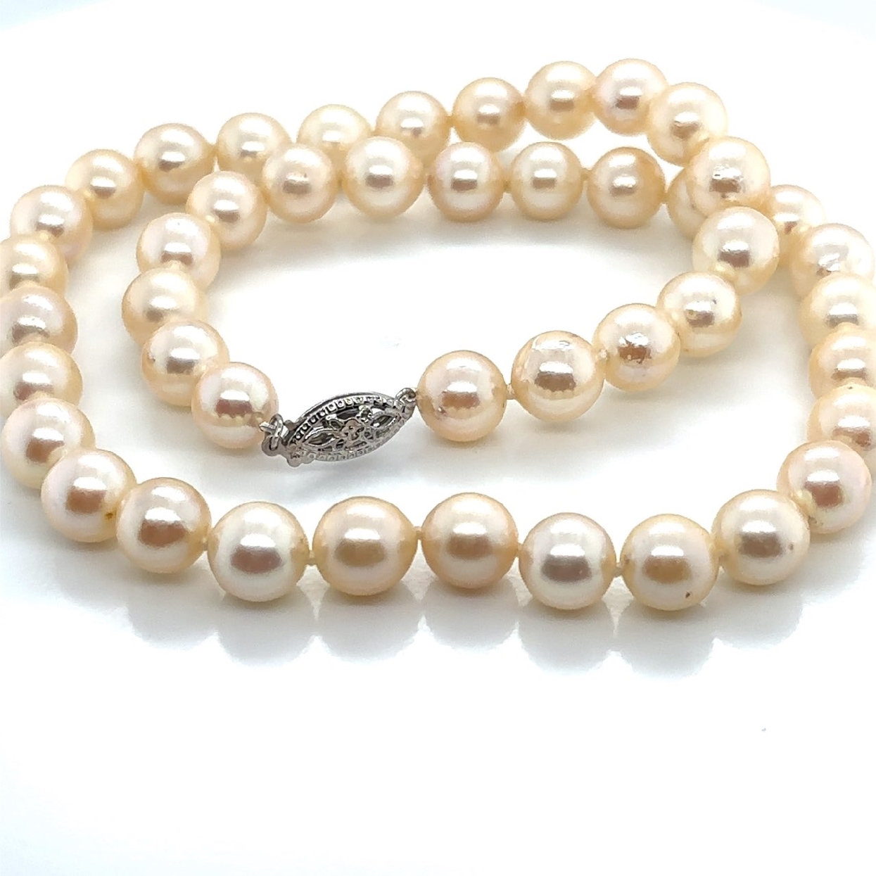 14K White Gold Clasp on a 15 Inch Strand of 7.8mm Off-White Pearls
