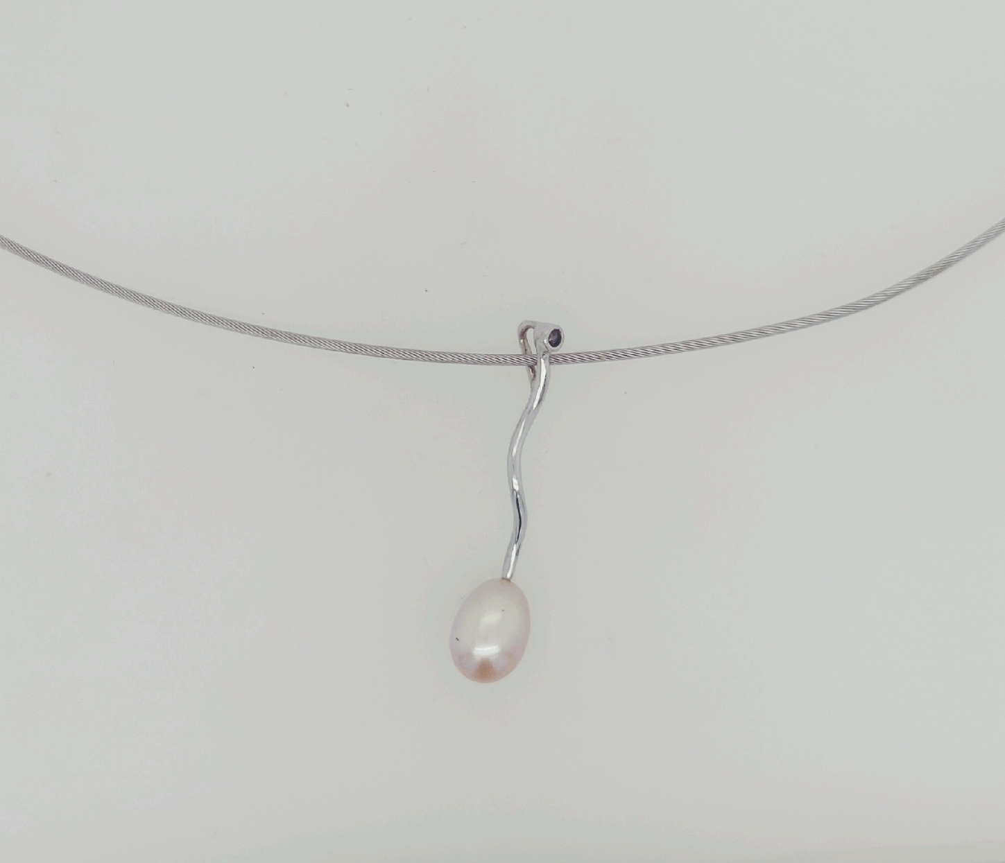 14K White Gold Freshwater Pearl Drop Pendant on 14K White Gold Wire Necklace
