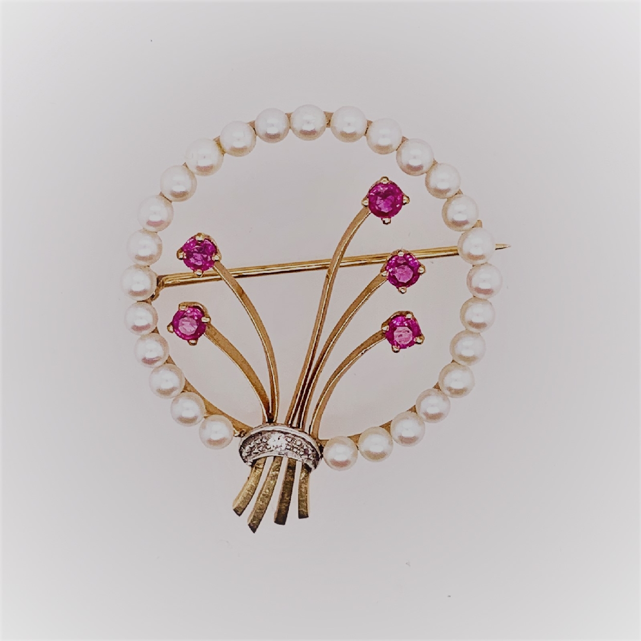 14K Yellow Gold and Platinum Floral Pin with Pearls; Rubies; and Diamond Accent
