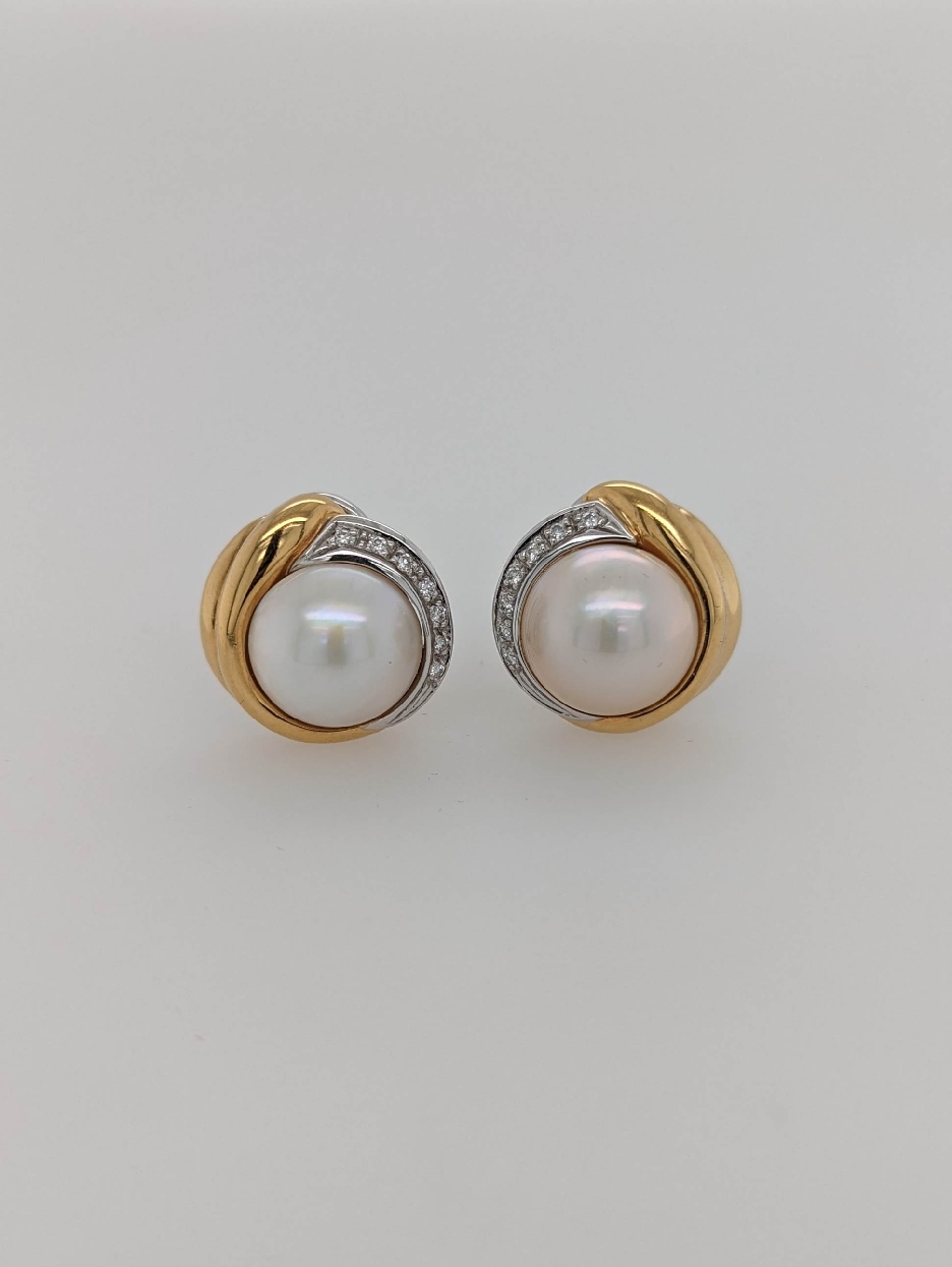 18K Two Tone Clip On Mabe Pearl Earrings with Diamond Accents