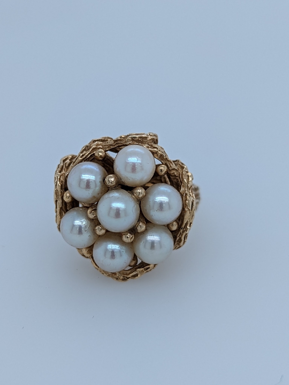 14K Yellow Gold Floral Pearl Cluster Ring with Textured Basket and Shank; Size 7