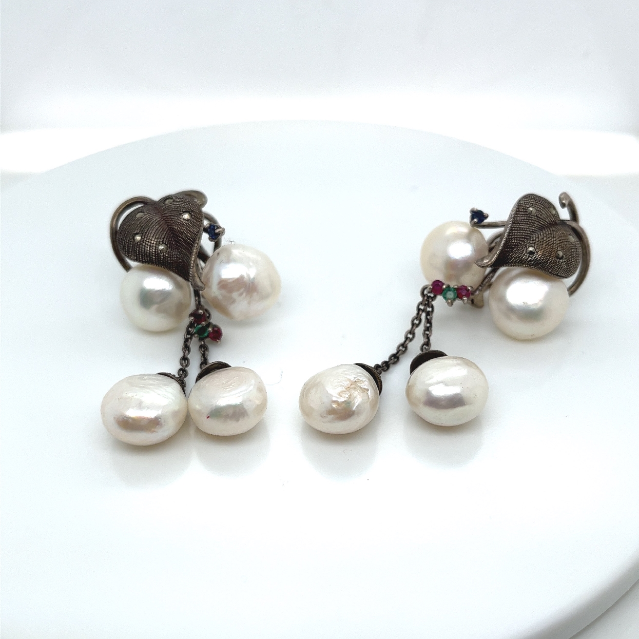 Sterling Silver Button Pearl Earrings with Leaf Design; Marcasite; Emerald; Sapphire; & Ruby Accents; and Omega Backs 
