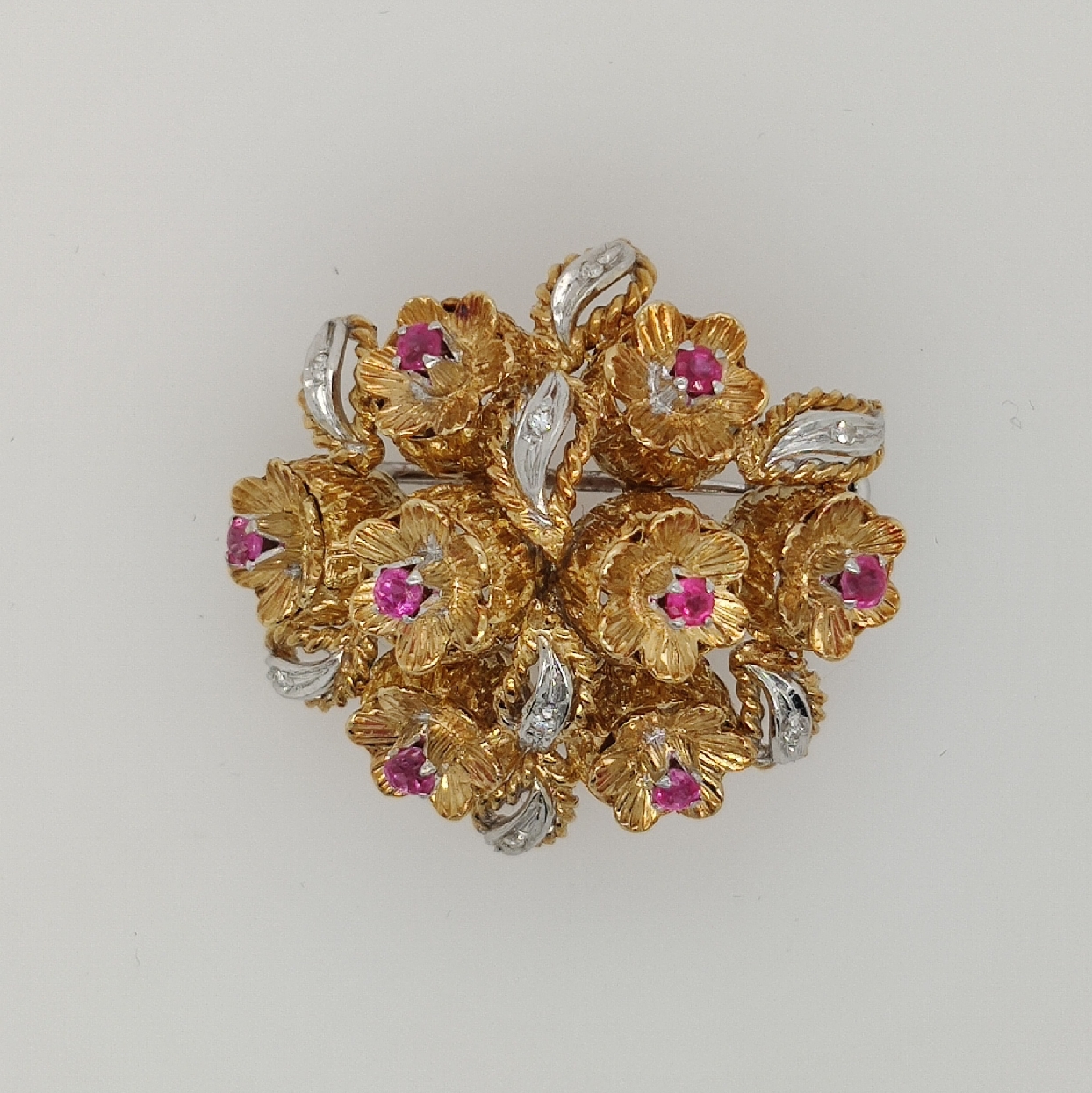 18K Two Tone Gold Pin with Ruby and Diamond Floral Clusters