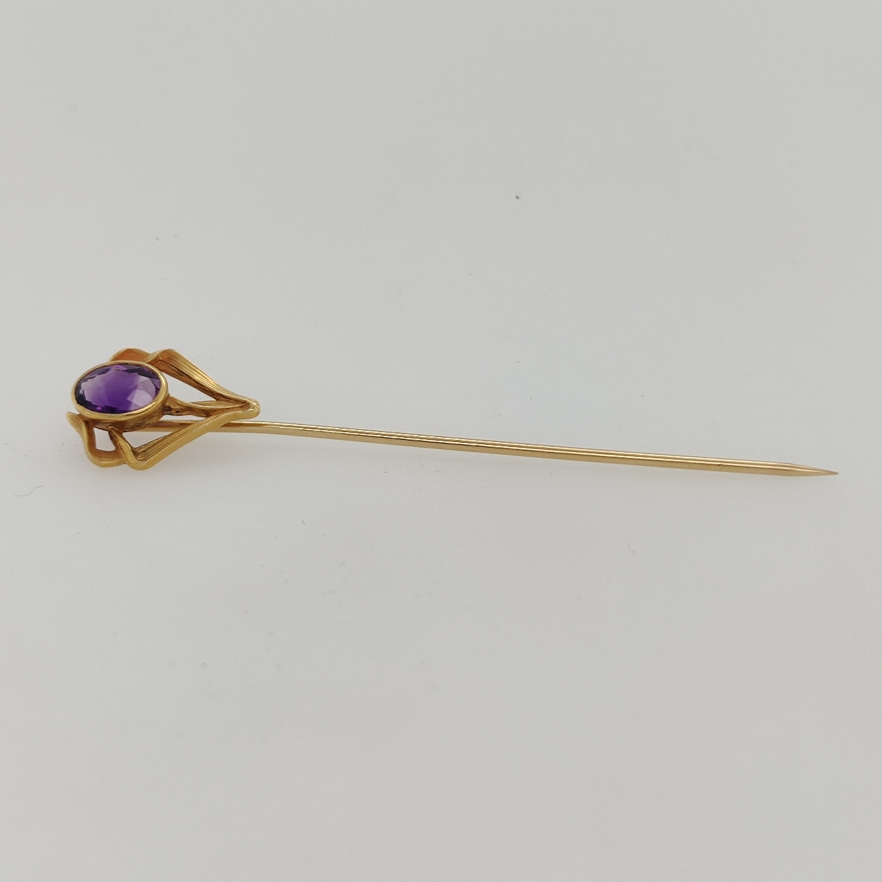 Antique 14K Yellow Gold Art Nouveau Stick Pin with Oval Amethyst
