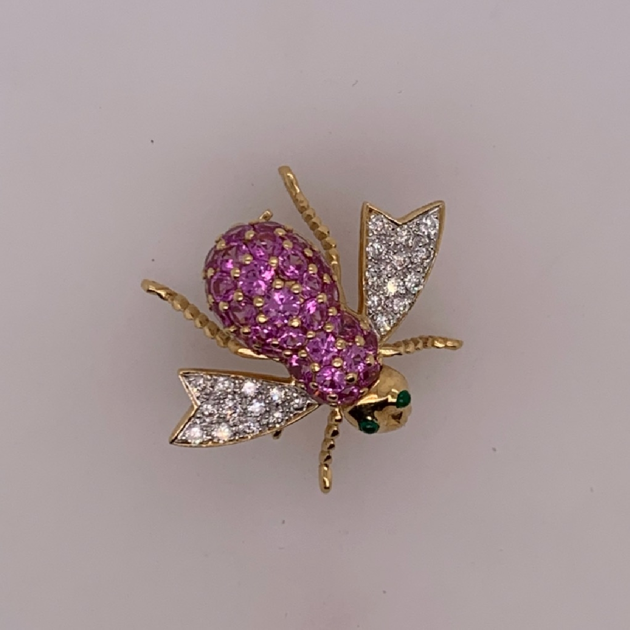 18k Yellow Gold Pink Sapphire and Diamond Bee Pin with Emerald Eyes