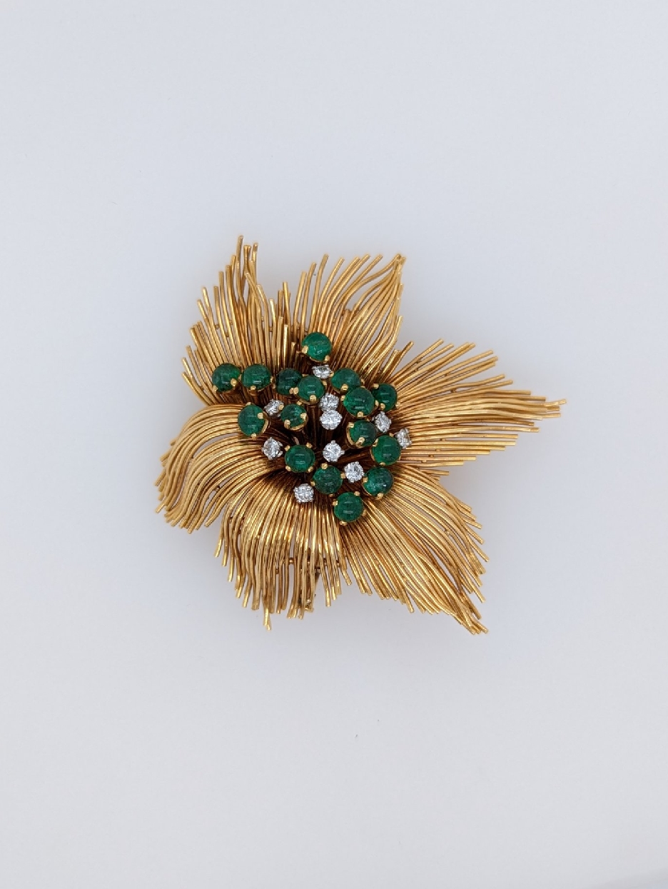 Vintage 14K Yellow Gold Brooch with Cabachon Cut Emeralds and Diamonds